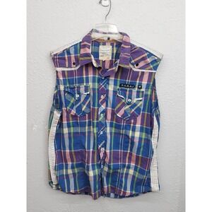 FUSAI Focus USA Shirt Mens XXL Plaid Sleeveless Button Up Y2K Vtg Grunge Western